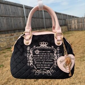 JUICY COUTURE NWT Black Quilted Velour Mini Satchel Bag Heart Lock Charm Pink